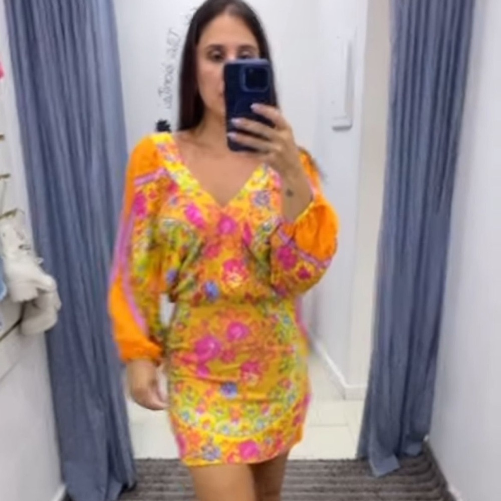Floral Farm Rio  V-Neck mini Dress in Vibrant Orange